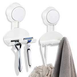 Ptwola - Juego de 2 soportes para maquinilla de afeitar para ducha, ganchos de ventosa, para colgar en la ducha, ganchos de pared, reutilizables, para baño, cocina, escobilla de goma y ventana, fácil