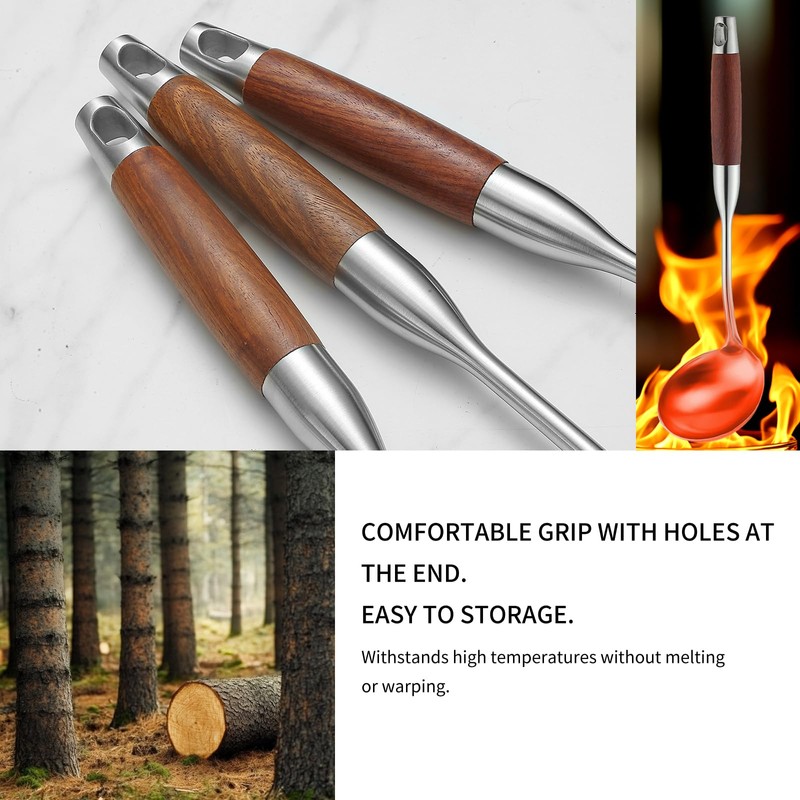 Stainless Steel Kitchen Utensils Set with Wood Handle, 18/10 Metal