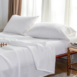 Simple&Opulence 100% French Linen Sheet Set Breathable Durable for Hot Sleepers Bedding 4 Pcs - 1 Flat Sheet,1 Fitted Sheet,2 Pillowcases with Hemstitch Lace Embroidery Design (White, King)