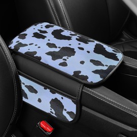 Forala Cow Print Car Center Console Cover PVC Leather Armrest Cushion with 2 Storage Bags Universal Car Armrest Seat Box Pad Car Interior Accessories Protector for Women Men (Blue Black)