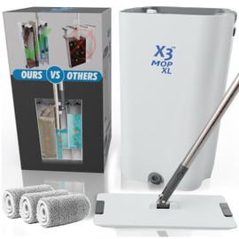 X3 Mop XL, Separates Dirty and Clean Water, 3-Chamber Design, Flat Mop and Bucket Set, Hands Free Home Floor Cleaning, 3 Reusable Microfiber Mop Pads Included