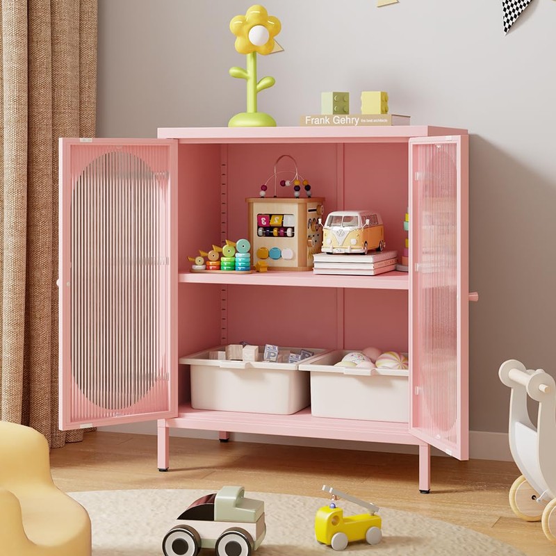 LYMOUYEE 2 Translucent Door Metal Accent Storage Cabinet for Bedroom,