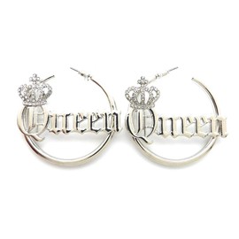SASSY, SEXY, BOSS, MOB, QUEEN Word Statement Bamboo Style 3.0" Pincatch Hoop Earring in Gold Tone (Queen/Silver Plain Style)