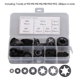 285 Pcs Black Starlock Washers Set Manganese Steel Internal Tooth Lock Fastener Kit M3 M4 M5 M6 M8 M10 M12 for Automotive