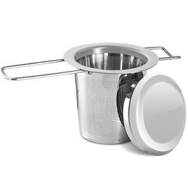 1 x stainless steel tea strainer made of stainless steel, a tea filter with folding double handles and lid for hanging on teapots, cups, cups and for brewing loose tea leaves and coffee