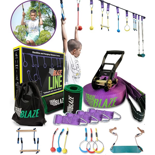 TrailBlaze Ninja Warrior Obstacle Course for Kids - 50ft Slackline w/ Monkey Bars Bonus Seat Swing Gym Rings | More Obstacles w/ Adjustable Positions - Perfect Ninja Course Training