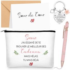 Xuniea 5er Geschenke für Freunde Schwester Kosmetiktasche mit Text Gravierter Schlüsselanhänger mit Herzförmigem Anhänger Rosa Kugelschreiber Grußkarten und Umschläge Geburtstagsgeschenk(Schwester)