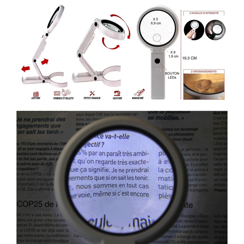 Illuminated 8 LED Magnifying Glass with 8x and 5x Magnification