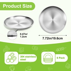 Jeffbaubl 6 Pack Stainless Steel Plates,7.8 Inch Round Salad Plates, Unbreakable Metal 304 Dinner Dishes,Lightweight Feeding Serving Camping Plate, Reusable and Dishwasher Safe