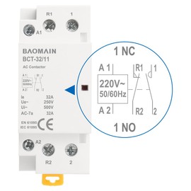 Baomain 220V AC 2-Pole Modular Contactor, 32A 1NO1NC Normally Open + Normally Closed, DIN Rail Mount for HVAC, Motor, Pump & Lighting Control BCT-32/11-220VAC
