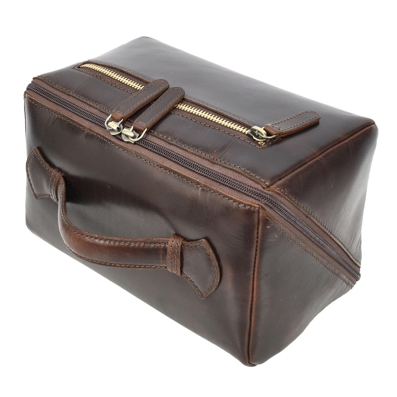 Mens Real Leather Toiletries Wash Shaving Bag Travel Pouch Tripper