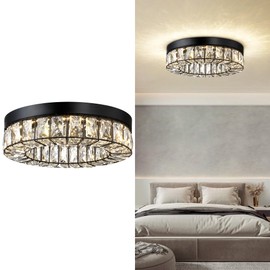 Crystal LED Flush Mount Ceiling Light Fixtures Modern Black LED Chandelier Lighting for Kitchen Closet Hallway Bedroom Foyer Laundry Room