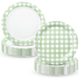 Houuqe 48pcs Sage Green Gingham Party Plates 7 Inch Checkered Plaid Dessert Plates Disposable Green and White Paper Plate for Fall Picnic BBQ Birthday Summer Dinner Party Supplies