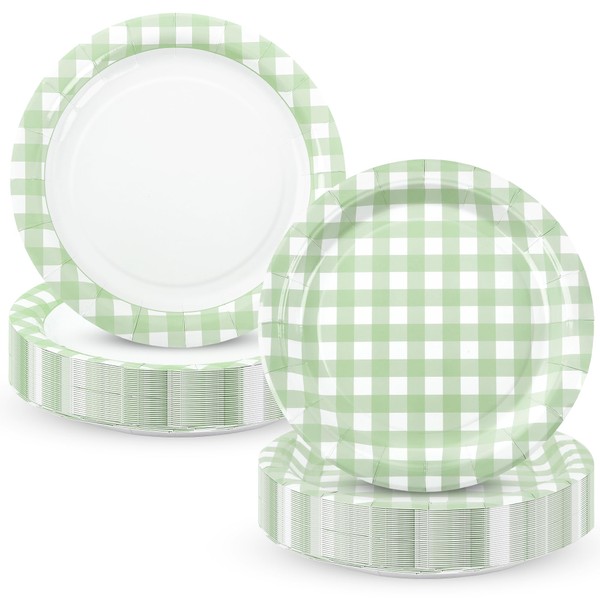 Houuqe 48pcs Sage Green Gingham Party Plates 7 Inch Checkered