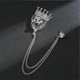 Vintage Leopard Head Chain Brooch Lion Head Rhinestone Crown Fringe Pin Punk Style Cool Animal Head Collar Fringe Suit Pin Men's Shirt Pin Corsage (Silver)