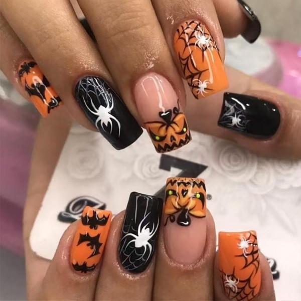 Halloween Press on Nails Square Pumpkin Fake Nails Medium French