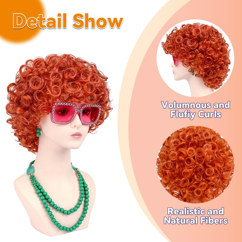 Women Roper Curly Orange Red Cosplay Halloween Wig with Jewelry