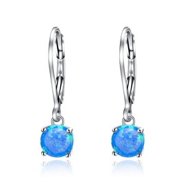 EVER FAITH 925 Sterling Silver 6mm Round Created Opal Teardrop Pierced Dangle Leverback Earrings for Women Blue