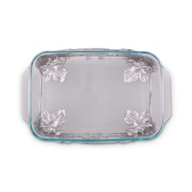 Arthur Court Metal Pyrex Glass Casserole Dish Holder Elevated Grape Pattern Sand Casted in Aluminum with Artisan Quality Hand Polished Design Tarnish-Free 15 inch Long 3 Quart Removable Dish Included