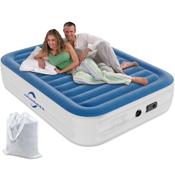 Queen Air Mattress with Built in Pump, JHUNSWEN 18" Double-High Durable Inflatable Mattress with Flocked Top, Quick Inflation/Deflation Inflatable Bed for Camping,Travel&Guests, Blow up Bed for Home