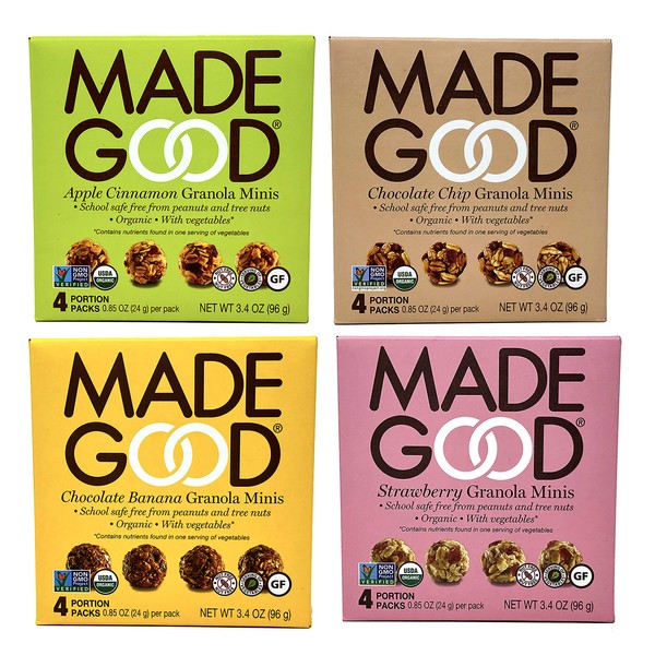 Made Good Organic Granola Minis – Variety Pack of 4 Flavors –Tree-Nut and Peanut-Free, Gluten-Free, Vegan, Kosher (4 Portion Packs Per Flavor)