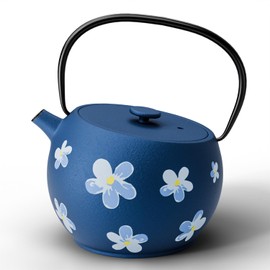 Toptier Teapot with Removable Infuser, Cast Iron Tea Kettle Stovetop Safe, Solid Geometry Ball Design Tea Pot Coated with Enameled Interior for 32 Ounce (950 ml), Navy Flower