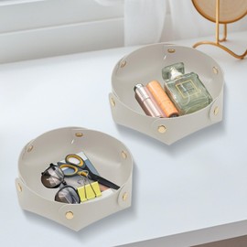 Aitoubil Leather Jewelry Valet Tray,Portable Entryway Table Nightstand Desk Tray Catchall Travel Plate Organizer for Phone, Keys, Wallet, Watch,Coin (Light Grey)