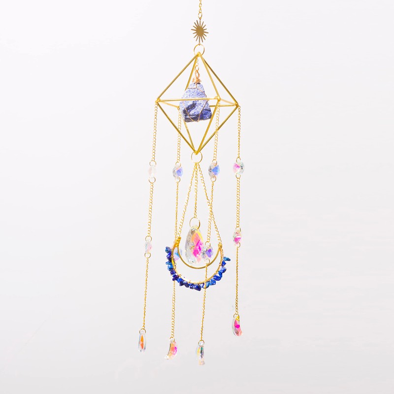 Crystal Suncatcher Blue Lazurite, Gold Sun Catcher Hanging Decor, Birthday