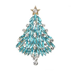 Clearine Christmas Tree Brooch for Women Sparkling Marquise Rhinestone Breastpin Pin Xmas Jewellery Gift Blue Topaz Gold-Tone