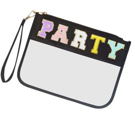 Jakiro Chenille Letter Clear Bag Zipper Pouch for Party, Preppy Makeup Bag Clear Cosmetic Toiletry Bag with Wrist Strap, Water-proof Makeup Travel Pouch Party Bags for Women Girls (Black-Party)