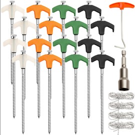 22 Pcs Screw in Tent Stakes Heavy Duty Kit Include 16 8 Inch Ground Anchor Tent Pegs 4x9.8ft Rope 1 Hex Head Driver 1 Stopper T Pull Hook for Backyards, Canopy, Garden and Outdoor Camping