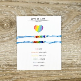 Love is Love Wish Bracelets Set for 2, Rainbow Beads (Blue String) Miss Fit Boutique