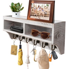 Key Holder Wall Mount - Mail Organizer Wall Mount with 6 Key Hooks and Storage Box for Sunglasses Storage and Dog Leash Holder Home Decor Rack Apartment Farmhouse Shelf Entryway Organizer (White)