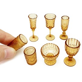 PRETTYLIFE 7PCS Miniature Dollhouse Cups Mini Ice Cream Wine Glass Water Drink Cups Set for DIY 1:6 Miniature Kitchen Accessories Micro Scene Decor (Brown)