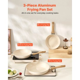 8\" 9.5\" 11\" Aluminum Egg Fry Pans 3 Piece Set Nonsitck Ceramic Heavy-Duty Skillets Heat-Resistant for Kitchen UseProduct Size: 8-9.5-11 inches, Style: Aluminum Skillet-Beige