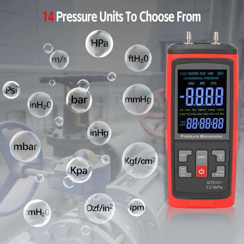 Handheld Digital Manometer, HVAC Manometer Gas Pressure Tester with LCD