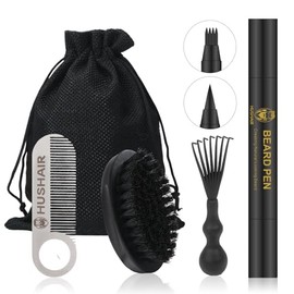 HUSHAIR Pocket Beard Brush 5-in-1 Set for Men,Natural Fiber Soft & Animal-Free,Beard Pen & Stainless Steel Pocket Comb/Combing Brush/Ramie Storage Bag - Great for Grooming Beards and Mustaches