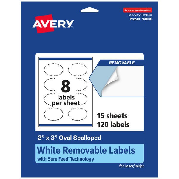 Avery Matte White Removable Oval Scalloped Labels, Sure Feed Technology,
