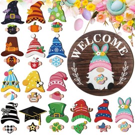 Easter Interchangeable Wooden Gnome Decor Holiday Seasonal Gnome Decorations with 15 Magnet Pieces and 15 Detachable Hats Gnome Changeable Welcome Sign for Home:_Attractive Style