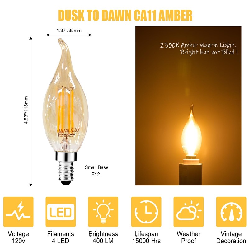 Qualilux Dusk to Dawn Candelabra LED Bulbs CA11, Vintage Full