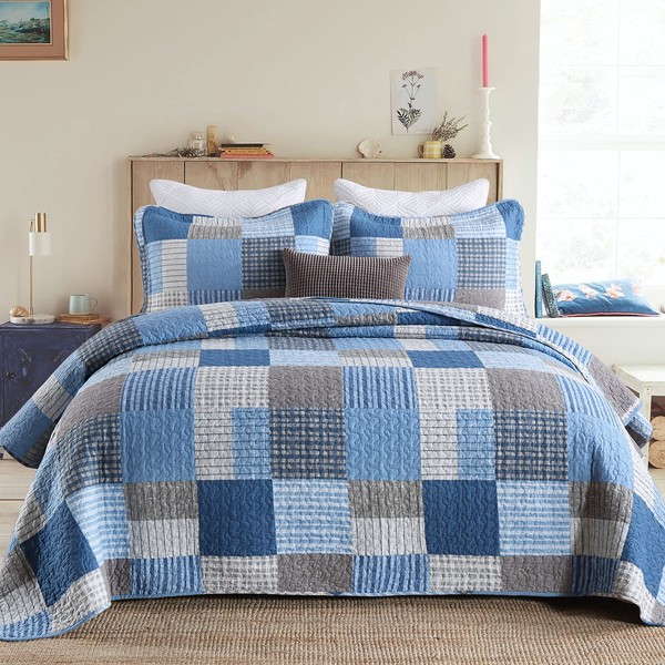 PANGUSHAN Quilts Set Queen Size,100% Cotton Patchwork Plaid Quilt Bedding