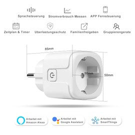 Pack of 2 CNBINGO WLAN Smart Socket with Current Measurement, Works with Alexa, Google Assistant, WiFi Mini Plug with Timer and Voice Control, Smart Home Socket Only 2.4GHz WiFi, 16A