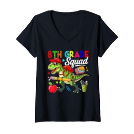 Womens 8th Grade Squad Back To School T-rex Sunglasses Students V-Neck T-Shirt