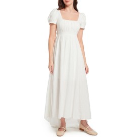 Vibsion Womens Regency Dresses Elegant White Puff Sleeve Empire Waist Jane Austen Dress Victorian Retro Ball Gown S