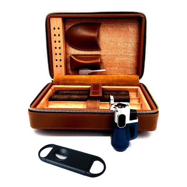 Fess Products Travel 4 Cigar Humidor, Spanish Cedar Wood Cigar Case, Portable Cigar Box with Humidifier, Cigar Cutter, Gift Box Comes with Pouch