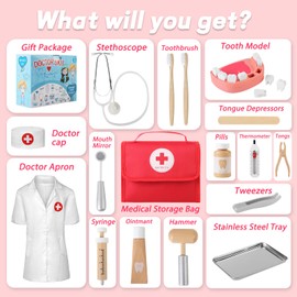 Mardo Children's Wooden Doctor's Case with Real Stethoscope, Doctor's Coat and Doctor Bag in Red, Perfect for Role Play, Dentist Toy, Children's Doctor's Case for Children from 3 4 5 Years