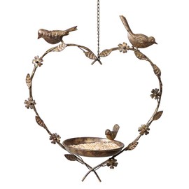 Bird Feeder Dish Vintage Hanging Heart Garden Accessory Gift Idea (Brass)