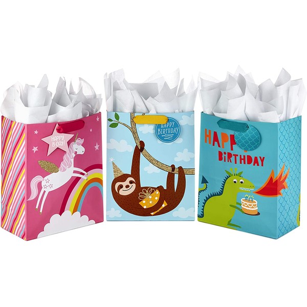 Hallmark 13" Large Kids Birthday Gift Bags Assortment with Tissue Paper - Sloth, Dinosaur, Unicorn (Pack of 3 Gift Bags, 9 Sheets of Tissue Paper)