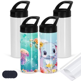 4 Pack Kid Sublimation Sports Water Bottle Blanks, 15 Oz Sublimation Tumblers Bulk Leak Proof Stainless Steel Bottles Flask with Portable Handle, Individually Boxed
