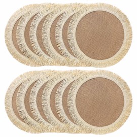FunWheat Burlap Round Braided Placemats Set of 12 for Dining Tables 15 Inch Heat Resistant Jute Table Mats Farmhouse Woven Fabric Natural Place mats for Fall Decorations Indoor Outdoor(Beige)